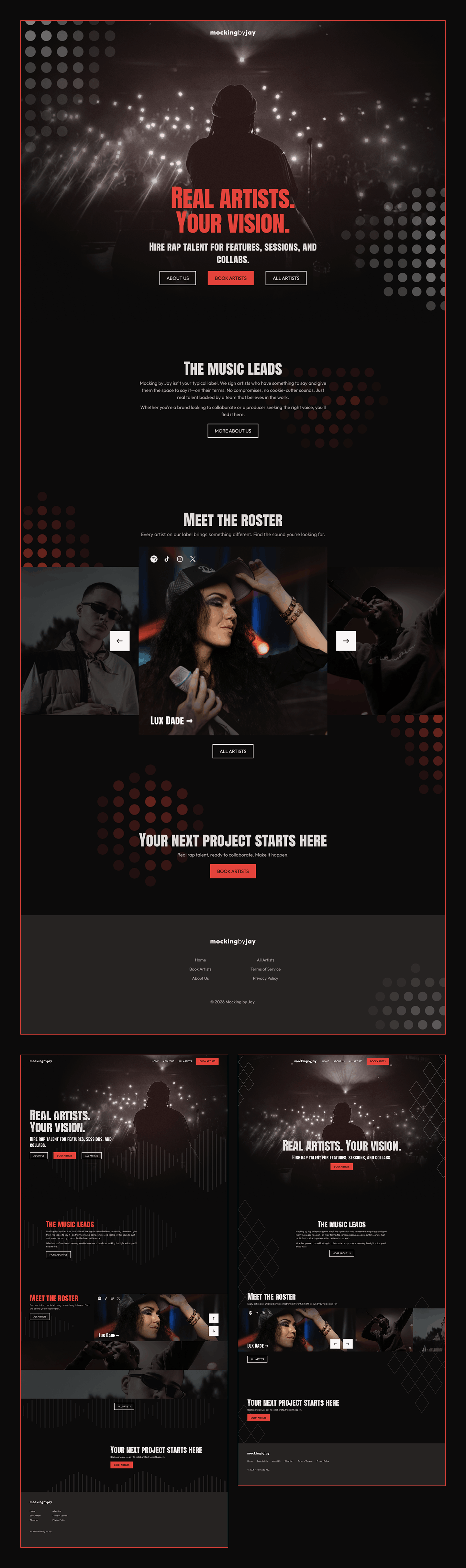Three variations of the landing page featuring a silhouette of a performer facing an audience with lights, highlighting rap artist booking, music leadership, and roster details including artist Lux Dade.