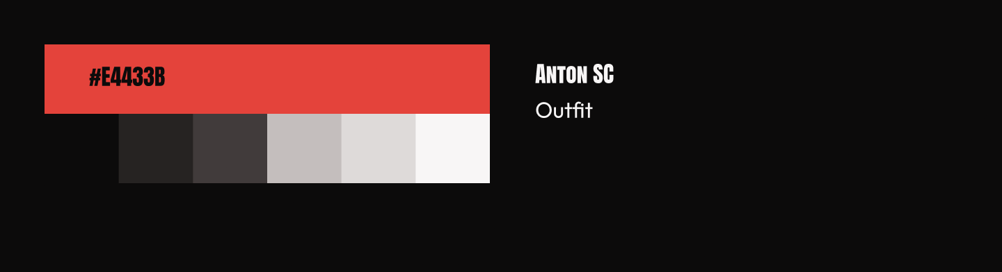 Color palette featuring a red swatch labeled #E4433B and five grayscale gradient squares. Typography includes the type faces Anton SC and Outfit.