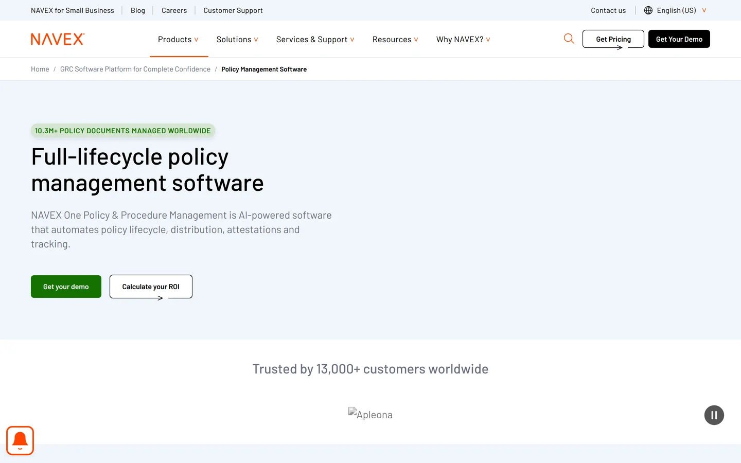 NAVEX policy and procedure management page - enterprise policy lifecycle and attestation