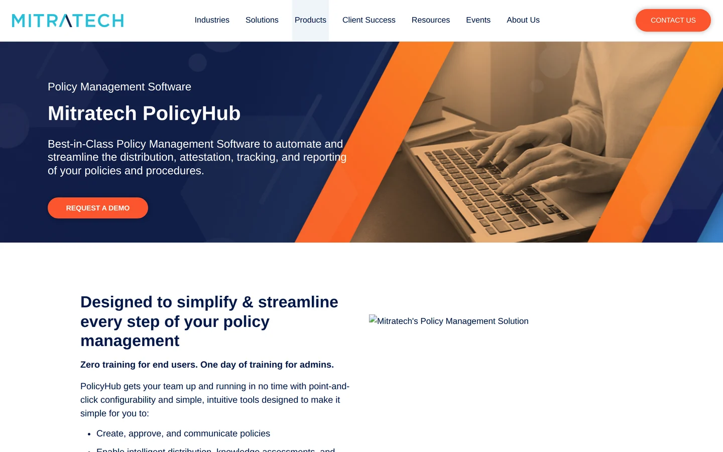 Mitratech PolicyHub page - enterprise policy distribution and attestation tracking