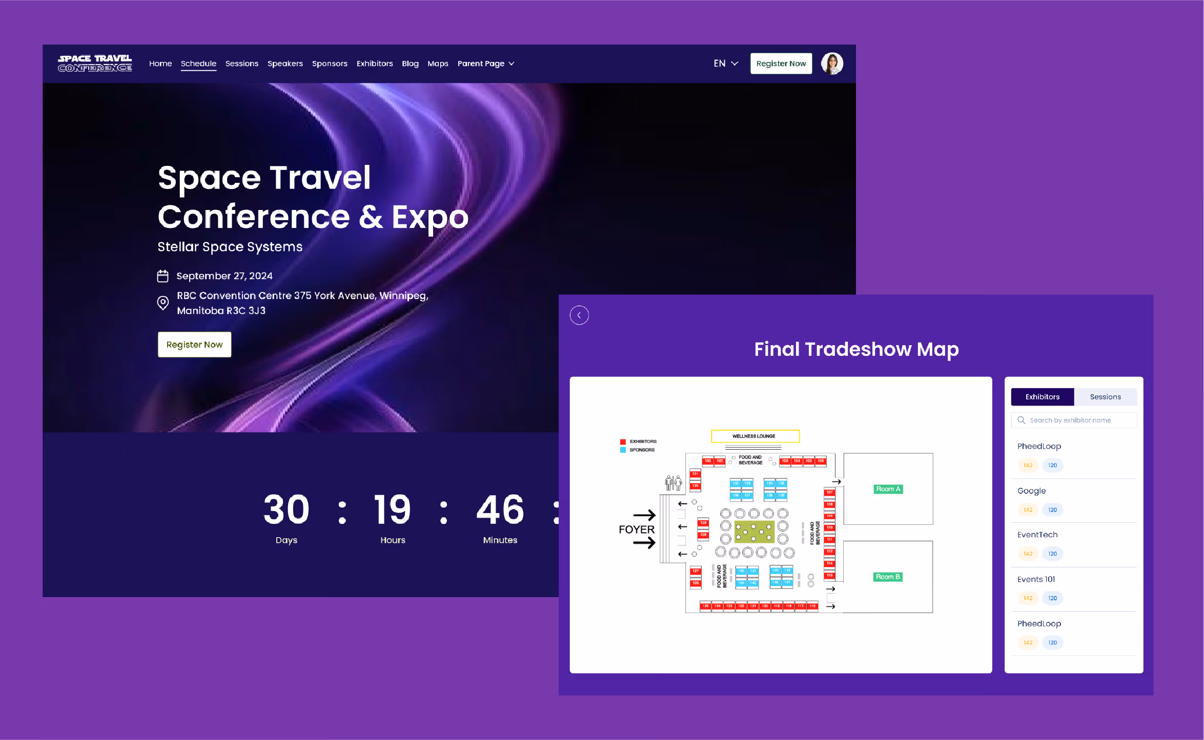 Space Travel Conference & Expo webpage showing event details, countdown timer, and final tradeshow map with exhibitor listings.