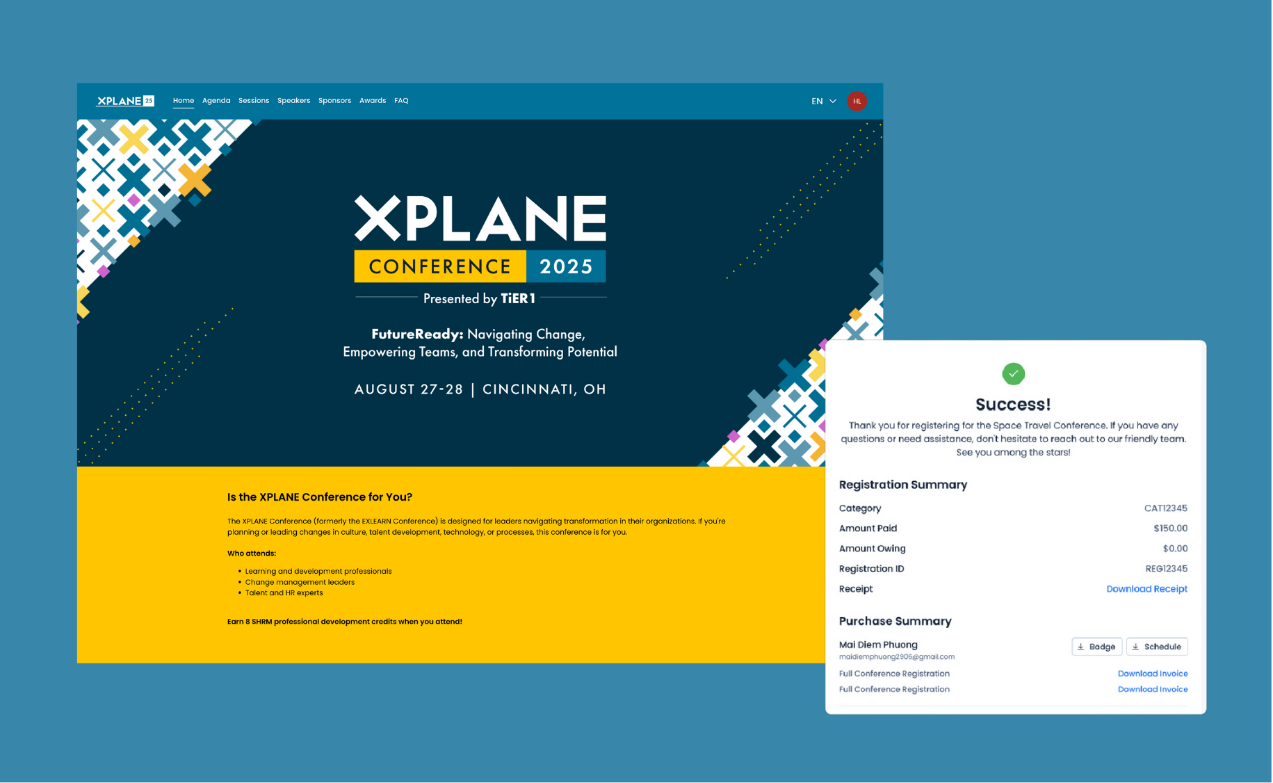 XPLANE Conference 2025 banner with event details and a registration success confirmation showing summary and download options.