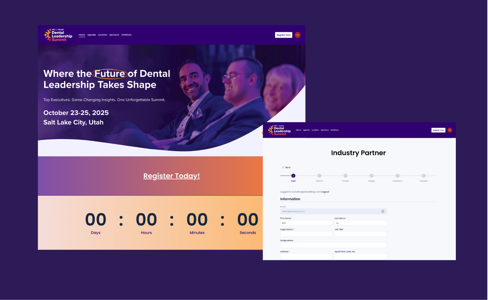 Website banner for the HR for Health Dental Leadership Summit showing event details for October 23-25, 2025, in Salt Lake City, Utah, with a register button and a countdown timer at zero, alongside a registration form for industry partners.