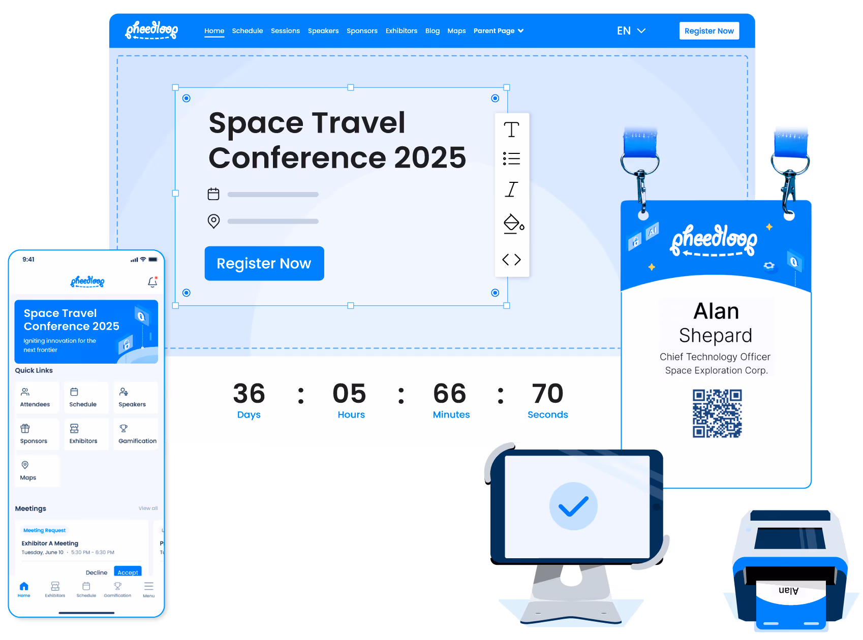 Space Travel Conference 2025 website and mobile app interface showing registration countdown, an event badge for Alan Shepard, and a printer and computer screen with confirmation check.