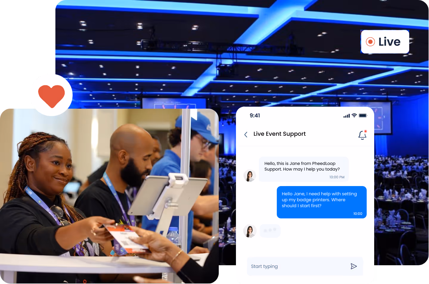 Event registration desk with a woman handing a badge to an attendee and a smartphone chat support screen overlay showing live event support conversation.
