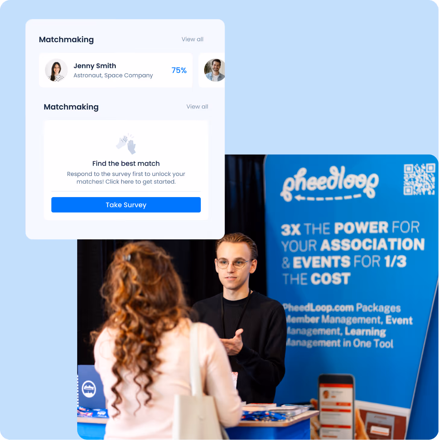 A man at a PheedLoop booth explains event management software to a woman with curly hair facing away.