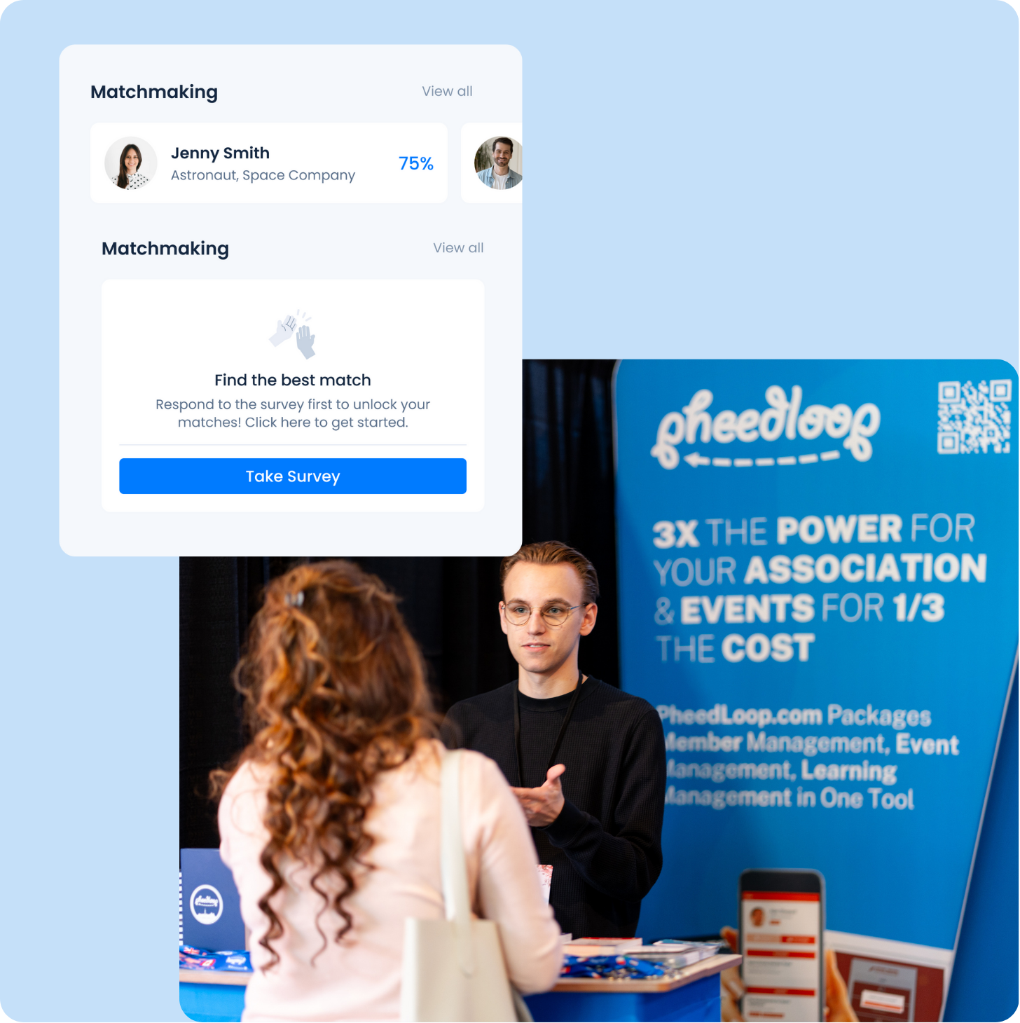 A man at a PheedLoop booth explains event management software to a woman with curly hair facing away.