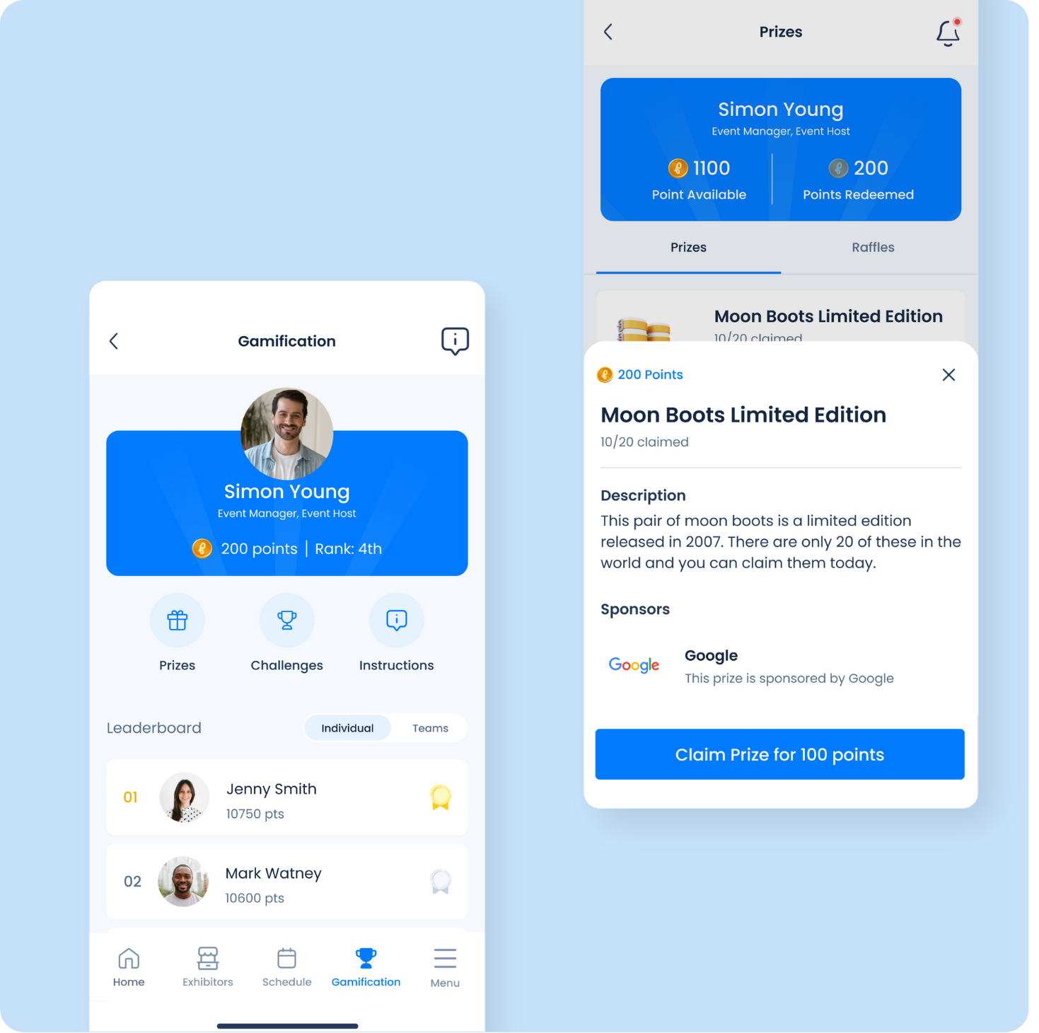 Mobile app screens showing gamification features with user Simon Young's profile, leaderboard rankings, and a prize description for limited edition moon boots.
