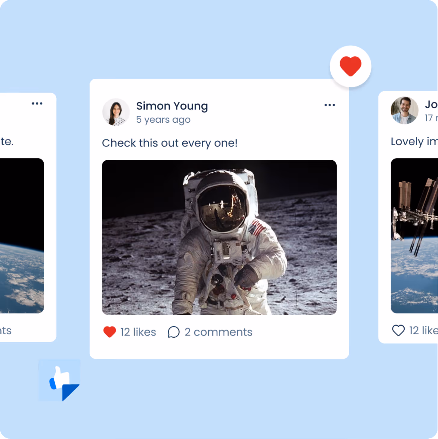 Social media post by Simon Young showing an astronaut on the moon, with 12 likes and 2 comments.