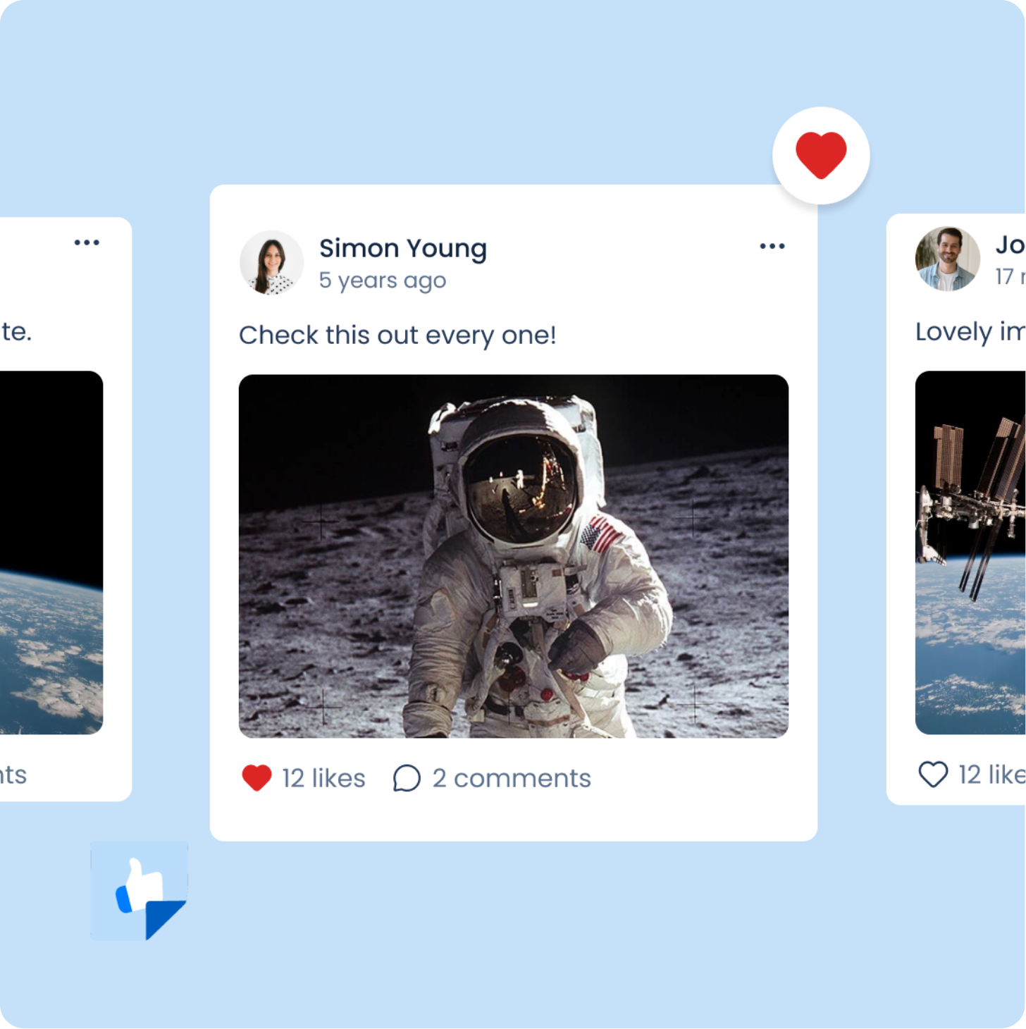 Social media post by Simon Young showing an astronaut on the moon, with 12 likes and 2 comments.