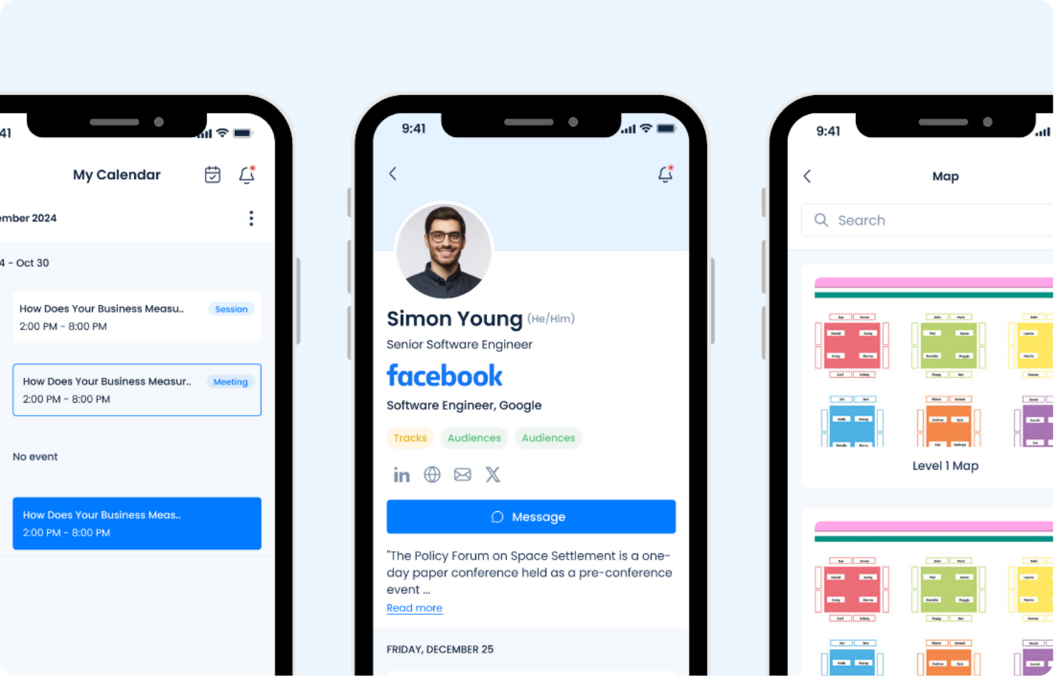 Three smartphone screens showing a calendar with scheduled sessions, a professional profile for Simon Young, Senior Software Engineer at Facebook, and a map interface with color-coded seating charts labeled Level 1 Map.