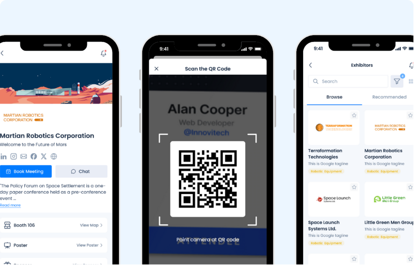 Three smartphone screens displaying a corporate profile for Martian Robotics Corporation, a QR code scanning interface for Alan Cooper, and an exhibitor list including Terraformation Technologies and Little Green Men Group.