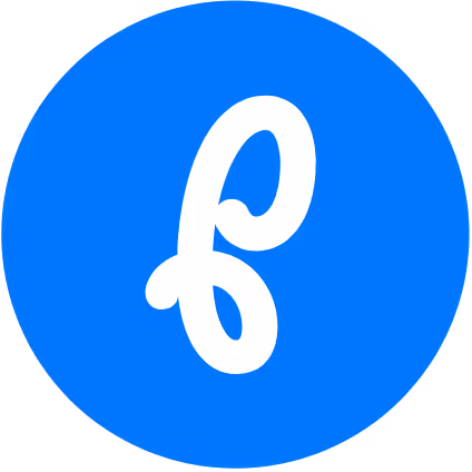 Stylized white lowercase letter 'f' on a blue circular background.