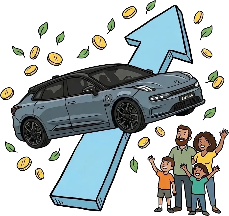 An electric car riding a rising arrow, with coins and a waving family