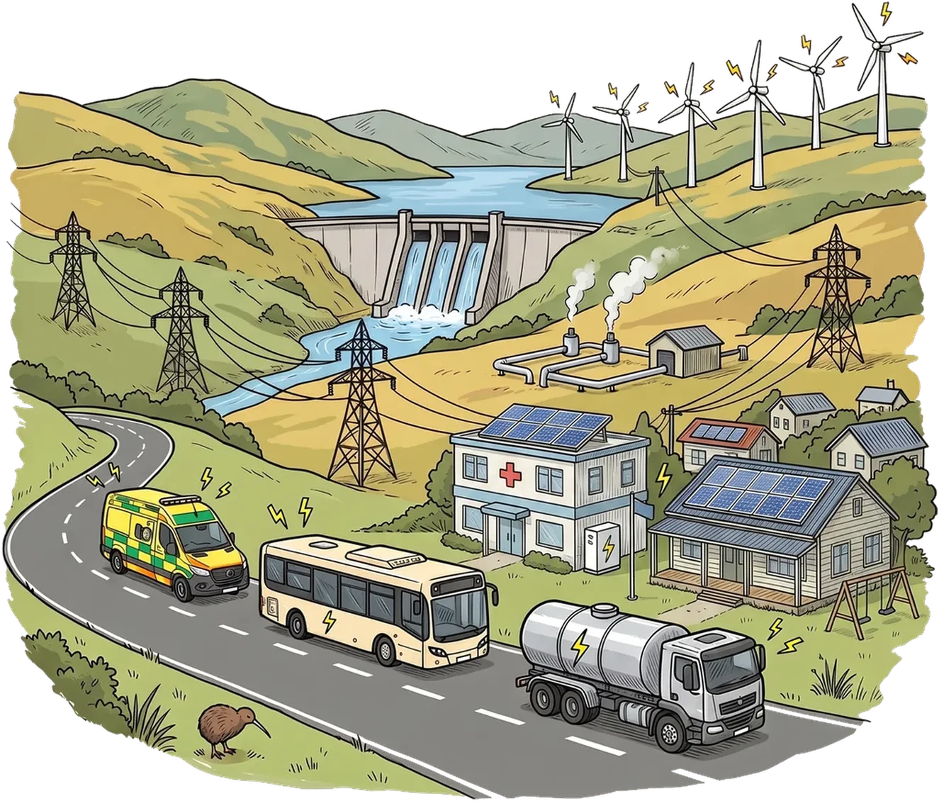 Illustration of a New Zealand valley powered by hydro, wind, geothermal and solar, with an electric ambulance, bus and tanker on the road
