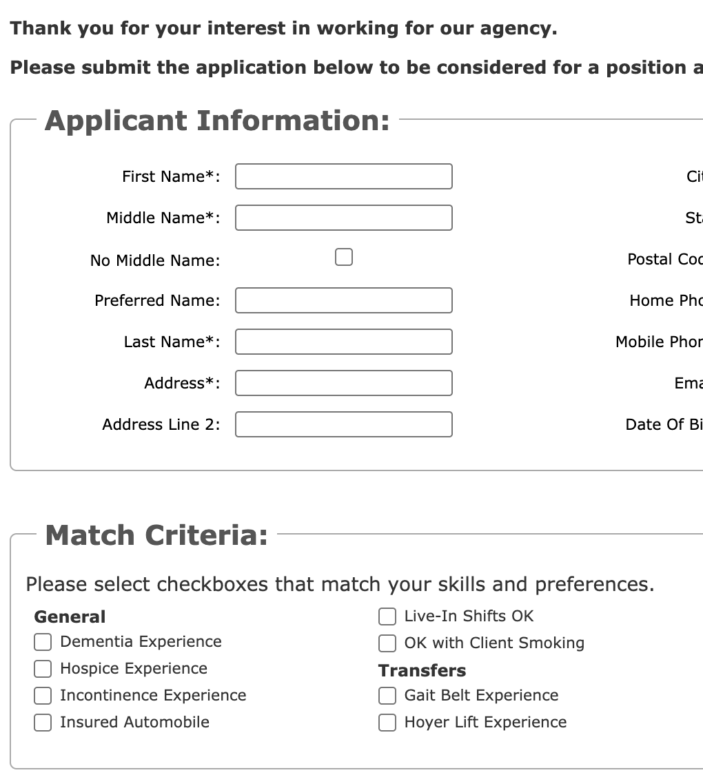 Application form with sections for applicant information including name, address, phone, and email, and match criteria with checkboxes for skills and preferences like dementia experience and live-in shifts.