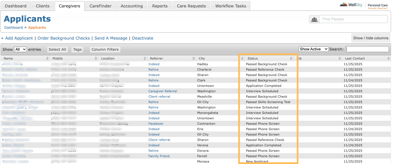 Web interface showing a list of caregiver applicants with columns for Name, Mobile, Location, Referrer, City, Status, Job, and Last Contact. Statuses include Passed Background Check, Interview Scheduled, Passed Phone Screen, and Application Completed.