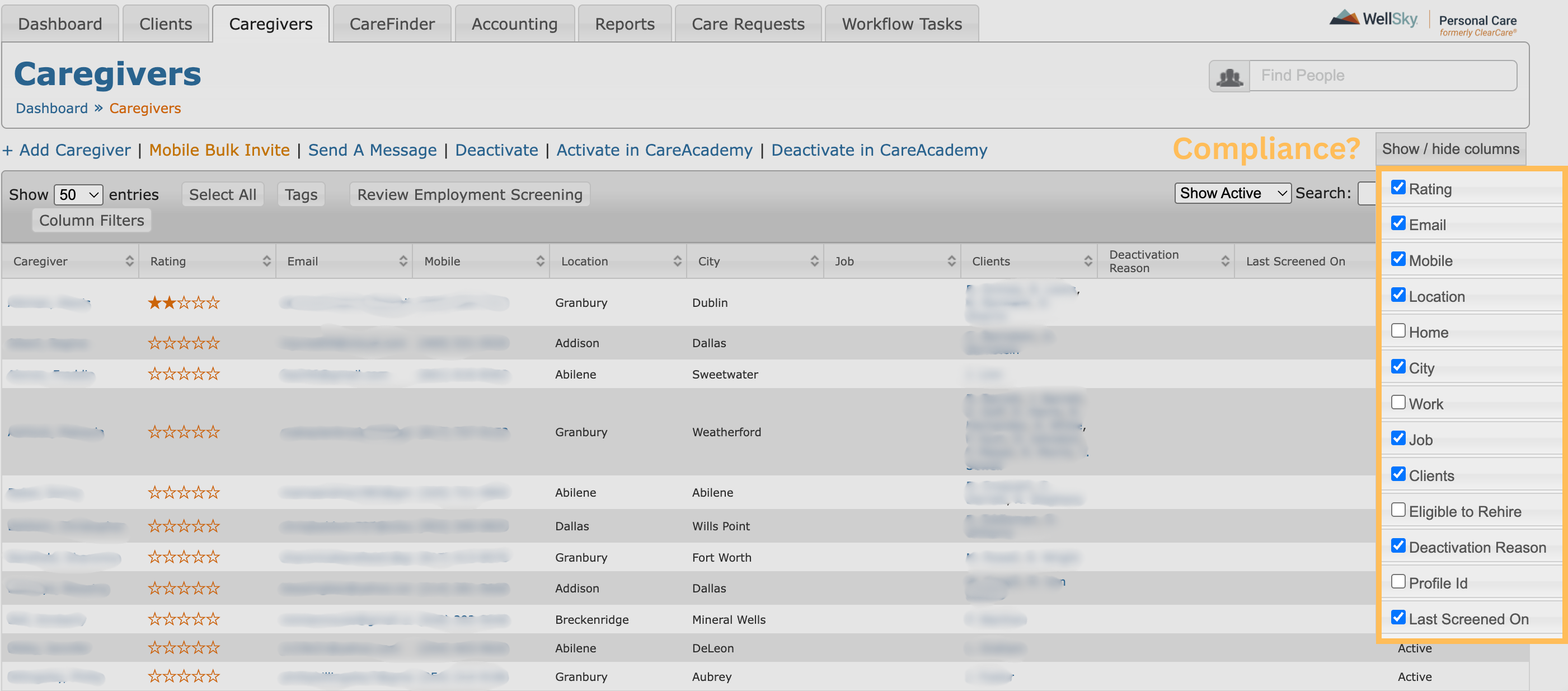 WellSky Caregivers list interface showing multiple caregivers with columns for rating, email, mobile, location, city, job, clients, deactivation reason, and last screened on, with column selection options on the right.