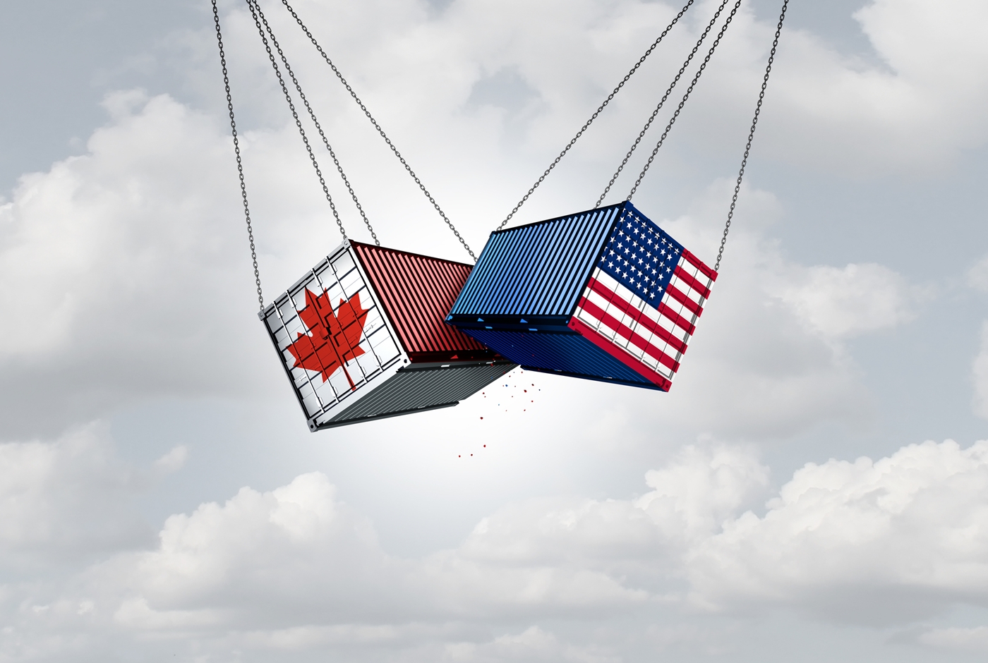A pendelum on a dark gray sky background that features the Canadian flag as well as the United States of America flag