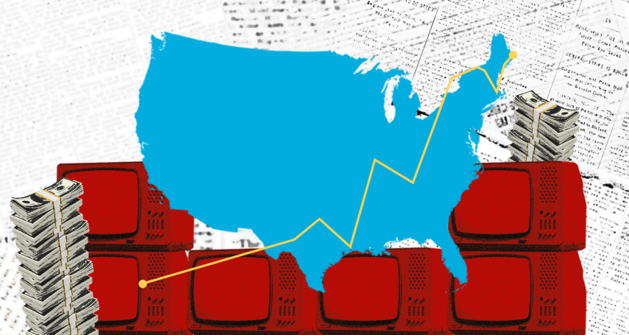 outline in blue of the united states of america with red tvs n the background and a rapidly jumping health bar. the trends are unstead; a pile of american dollars in the foreground of the left side with newsprint in the foreground
