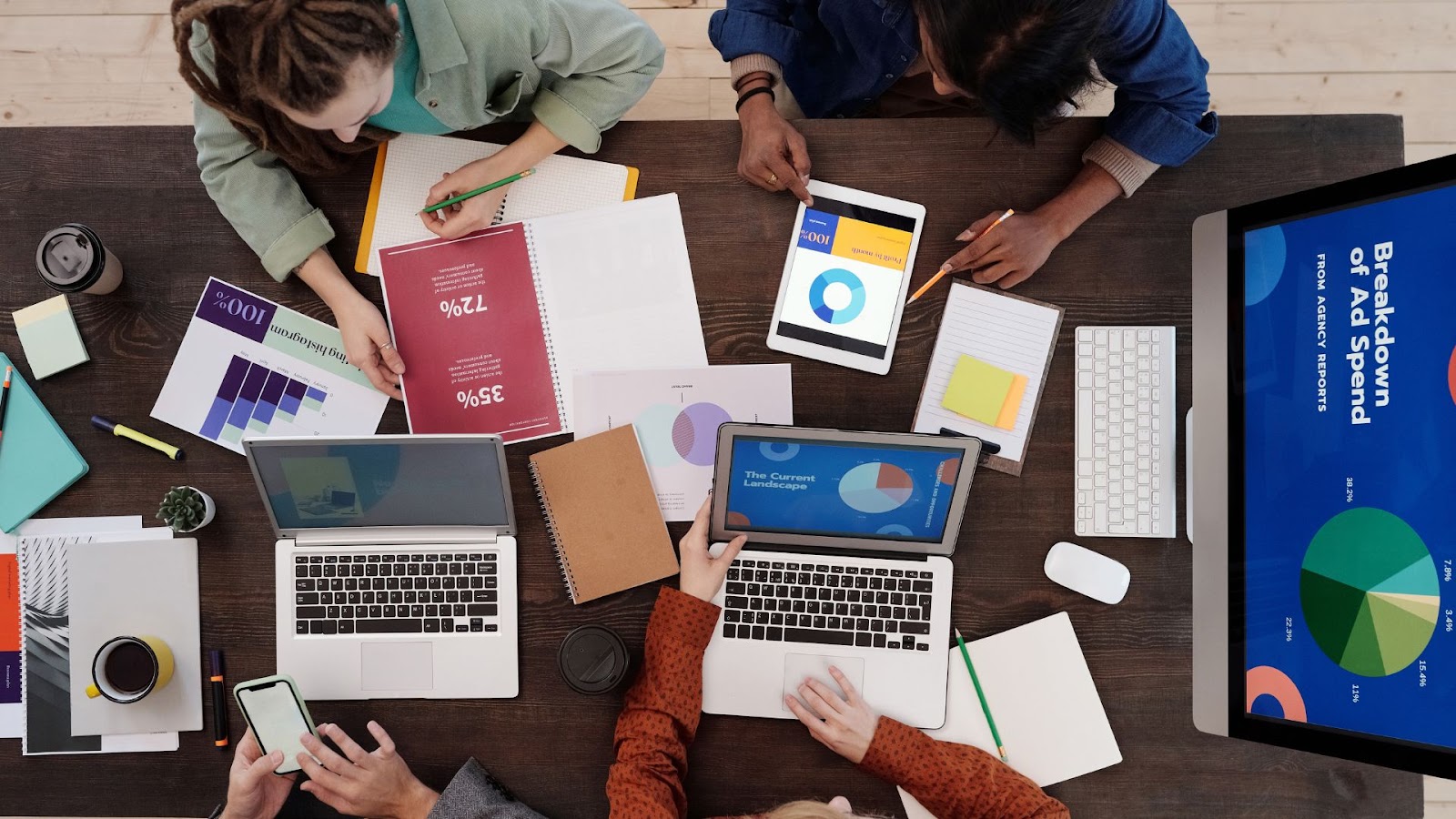 Team of media planners collaborating around a table with laptops, tablets, and printed charts showing advertising performance and ad spend breakdowns.