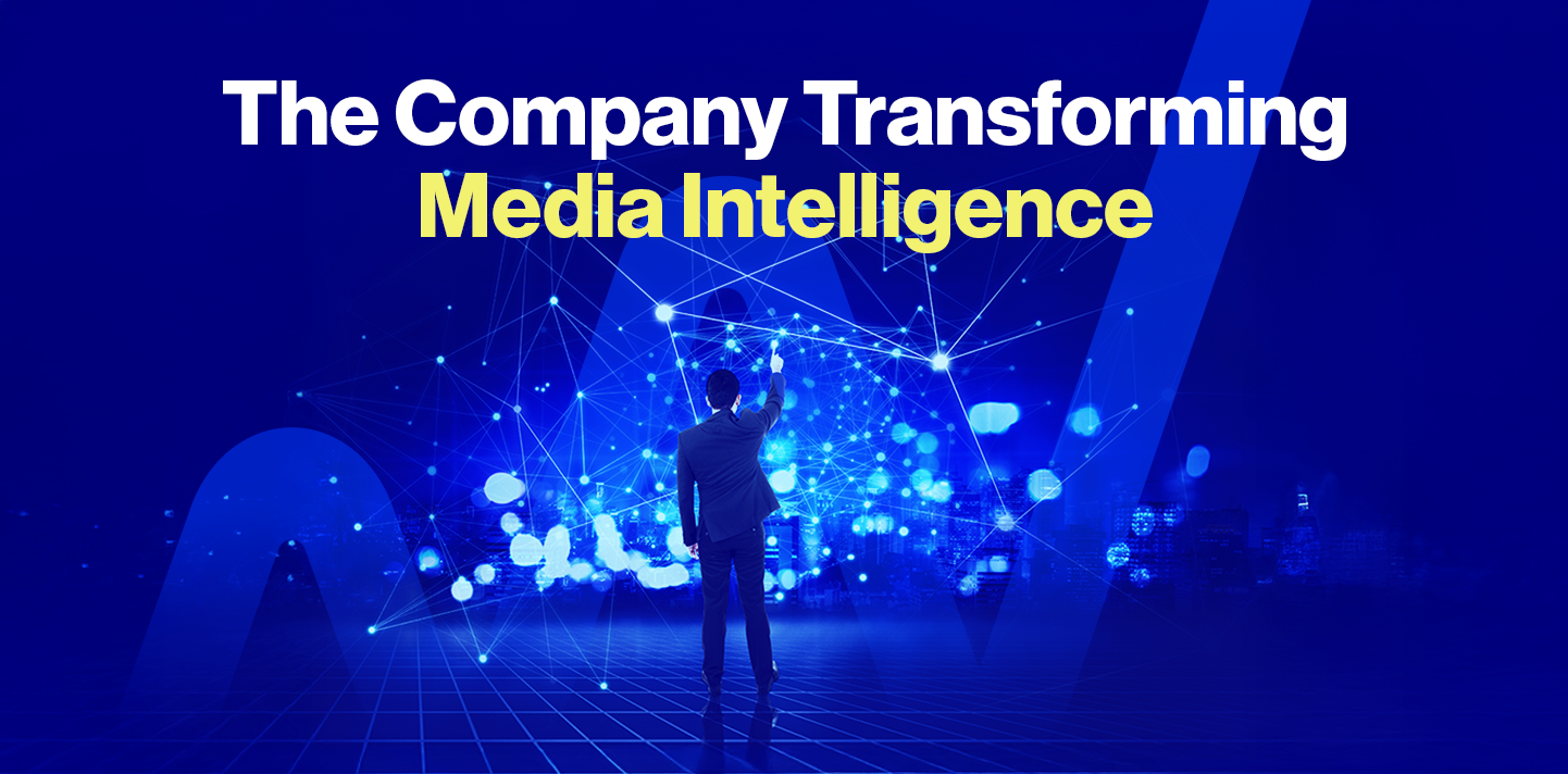 A business professional standing in front of a digital network interface with glowing data points, symbolizing advanced analytics and innovation, alongside the headline “The Company Transforming Media Intelligence.”