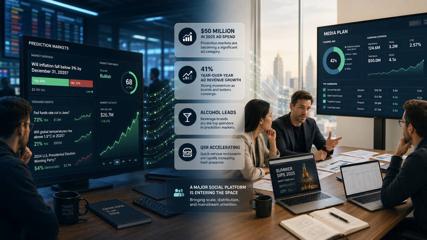 Media planning team reviewing prediction market dashboards showing $50 million in 2025 ad spend, 41% year-over-year ad revenue growth, and top categories including alcohol and QSR.