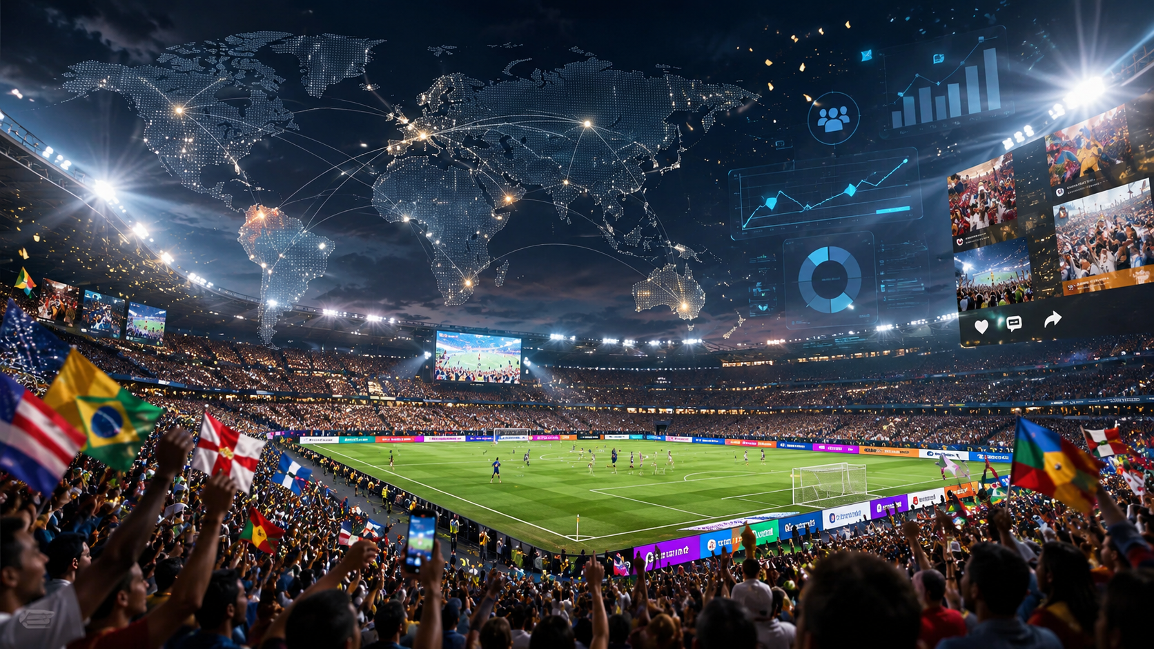 Packed stadium at a World Cup match with sponsor logos ringing the pitch, illustrating record sponsorship spending in sports marketing.