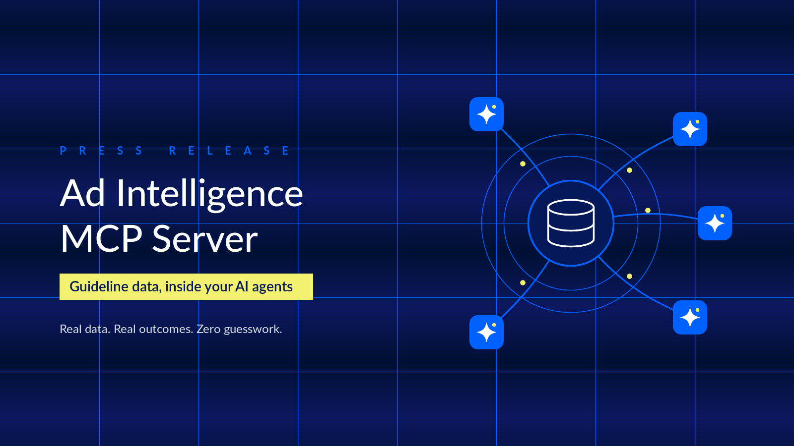 Guideline Ad Intelligence MCP Server illustration showing a central data core connected to AI agent nodes on a deep navy background