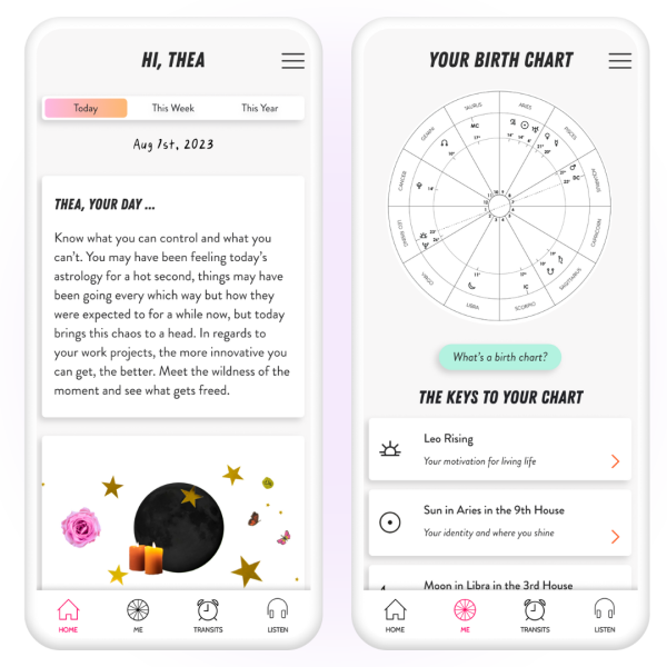 CHANI Android app with the home screen and birth chart 