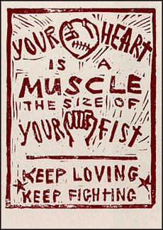By Dalia Sapon-Shevin. Dalia crafted this woodcut during the Battle in Seattle World Trade Organization protests in 1999.