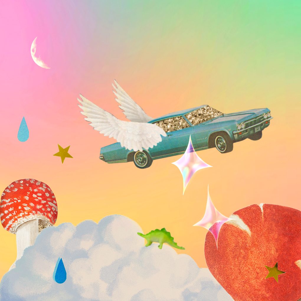 How to Work with Astrology in 2023 blog — Collage of a winged car, toadstools, clouds, stars, raindrops, and a dinosaur.