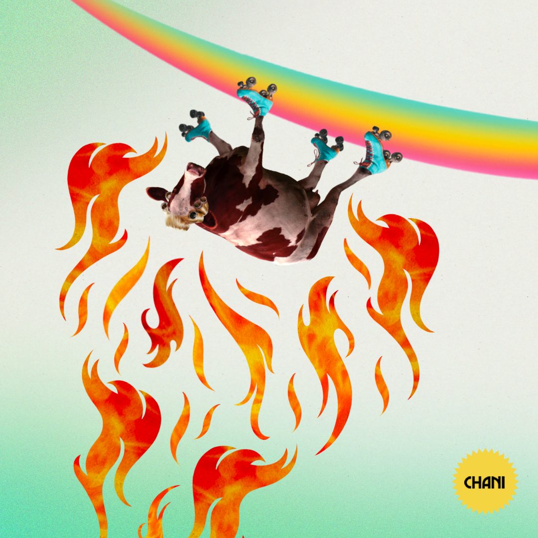What does it mean when Uranus goes retrograde? — Collage of a cow wearing rollerskates, a rainbow, and electric shockwaves.