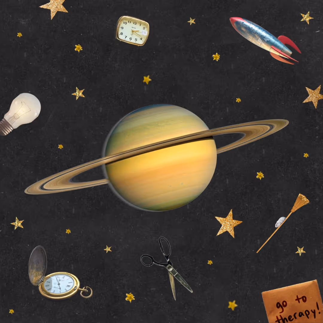 How to Explore Your Saturn Return — Collage of Saturn in space with gold stars and various Saturnian symbols like a clock.