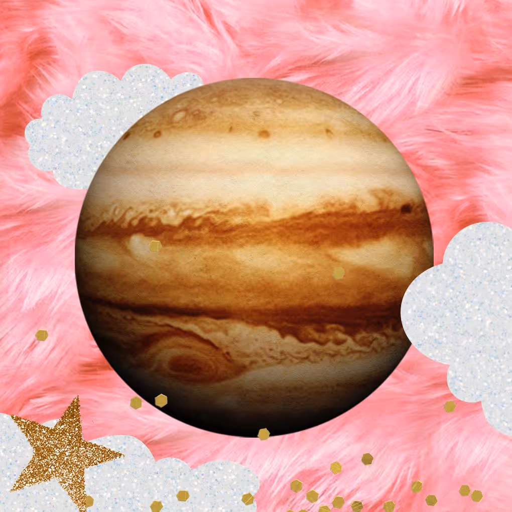 What is your Jupiter Return, and how can you work with it? - Collage: planet Jupiter, pink feathers, sparkly clouds, glitter.