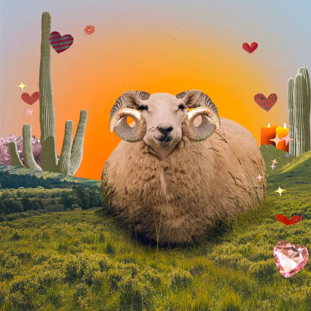 How to make March Equinox magic — Collage of a happy sheep in a grassy field with cacti, hearts, sparkles, candles, and gems.