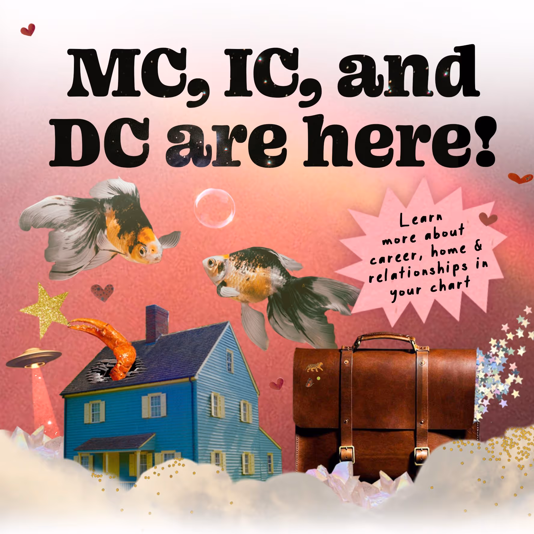 MC, IC, and DC are now in the CHANI app blog - Collage: House, briefcase, two goldfish, clouds, UFO, glitter, hearts, stars.