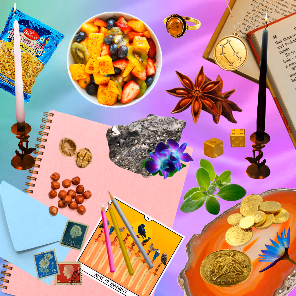 How to work with Mercury retrograde - collage of ritual items like books, candles, coins, notebook and pencils, crystal, etc.