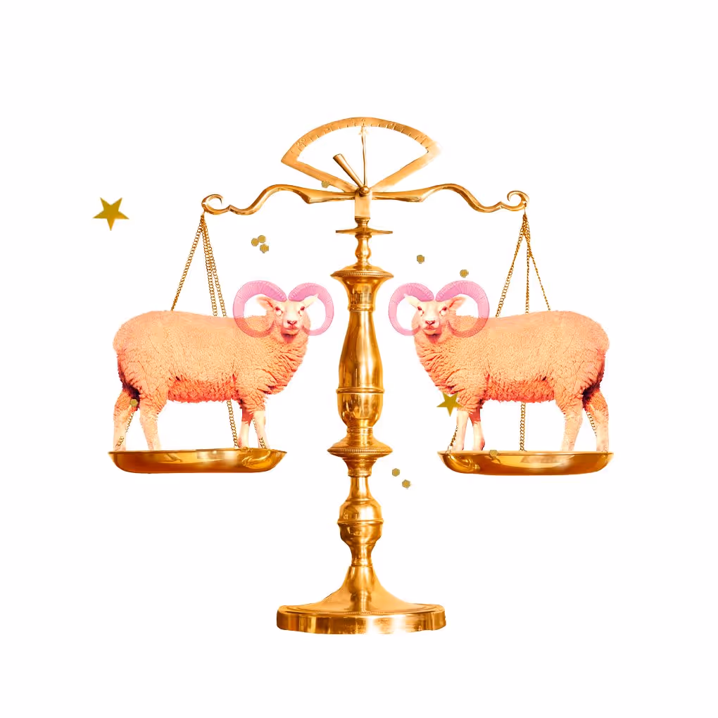 What you need to know about the lunar nodes entering Aries and Libra — Collage of a scale with a ram balanced on each side.