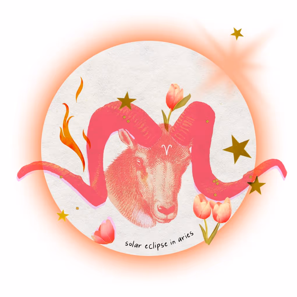 A red Aries ram collage with stars, fire, and flowers