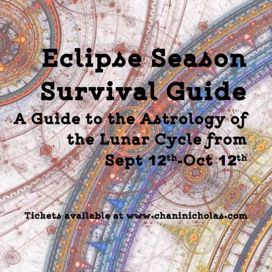 In this class we will look at the astrology of the lunar month ahead including (and not limited to): 2 Eclipses, a solar eclipse in Virgo on September 12th and a lunar eclipse in Aries on September 27th Mercury retrograde in Libra Saturn entering Sagittarius The Fall Equinox [button link=”https://www.eventbrite.com/e/eclipse-season-survival-guide-a-guide-to-the-astrology-of-the-lunar-cycle-from-sept-12th-oct-12th-tickets-18490159565?ref=etckt” color=”pink”]Purchase Now[/button] Eclipses occur ever ...