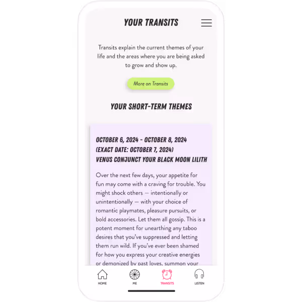  CHANI app including a transit entry for Venus Conjunct your Black Moon Lilith.