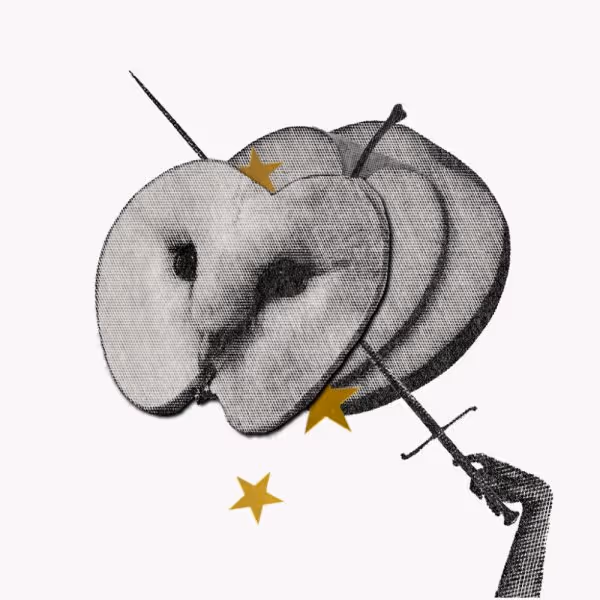 Collage of an owl face upon sliced apples for Black moon Lilith.