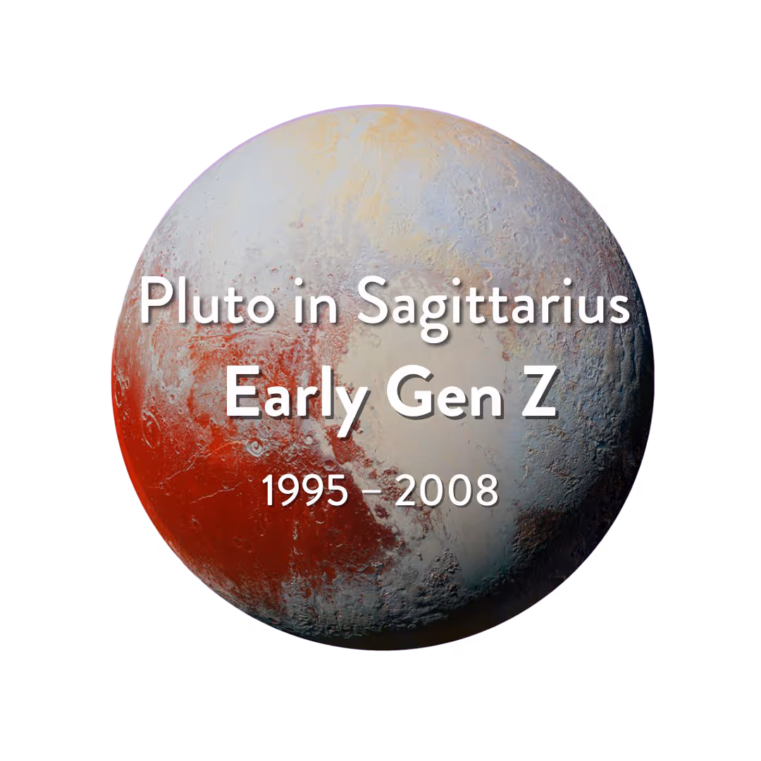 "Pluto in Sagittarius. Early Gen Z 1995 - 2008" text over an image of Pluto