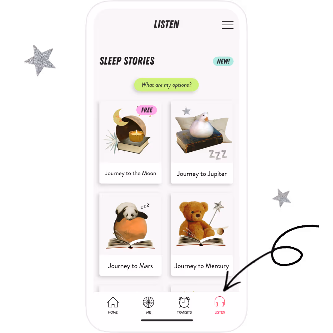 How to work with Sleep Stories in the CHANI app Blog - Image: CHANI App with arrow to the Listen tab in bottom right corner.