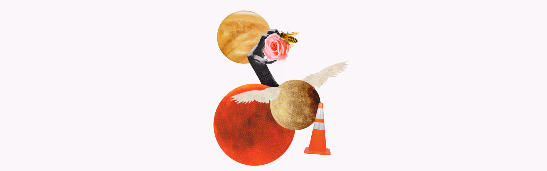 5 ways CHANI can support you through March’s major transits — collage of Venus, an eclipsed Moon, and a winged Mercury.