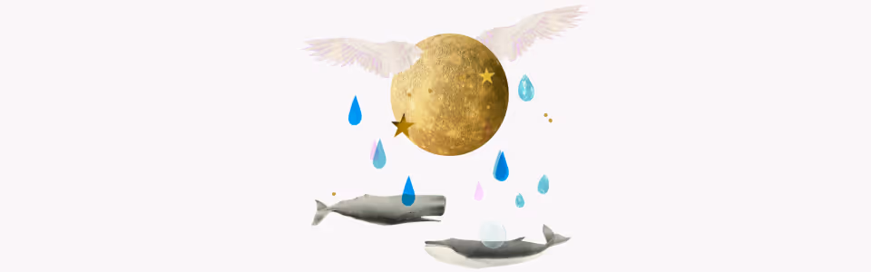 Horoscopes for Mercury in Pisces — Collage: winged planet Mercury with a pair of whales, raindrops, glitter, and gold stars.