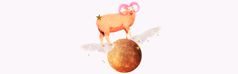 Horoscopes for Mercury in Aries — Collage of a pink ram with winged planet Mercury, surrounded by glitter and gold stars.