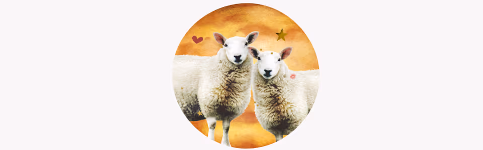 Horoscopes for Venus in Aries - Collage of a pair of sheep with planet Venus with a heart, gold star, and kiss print.