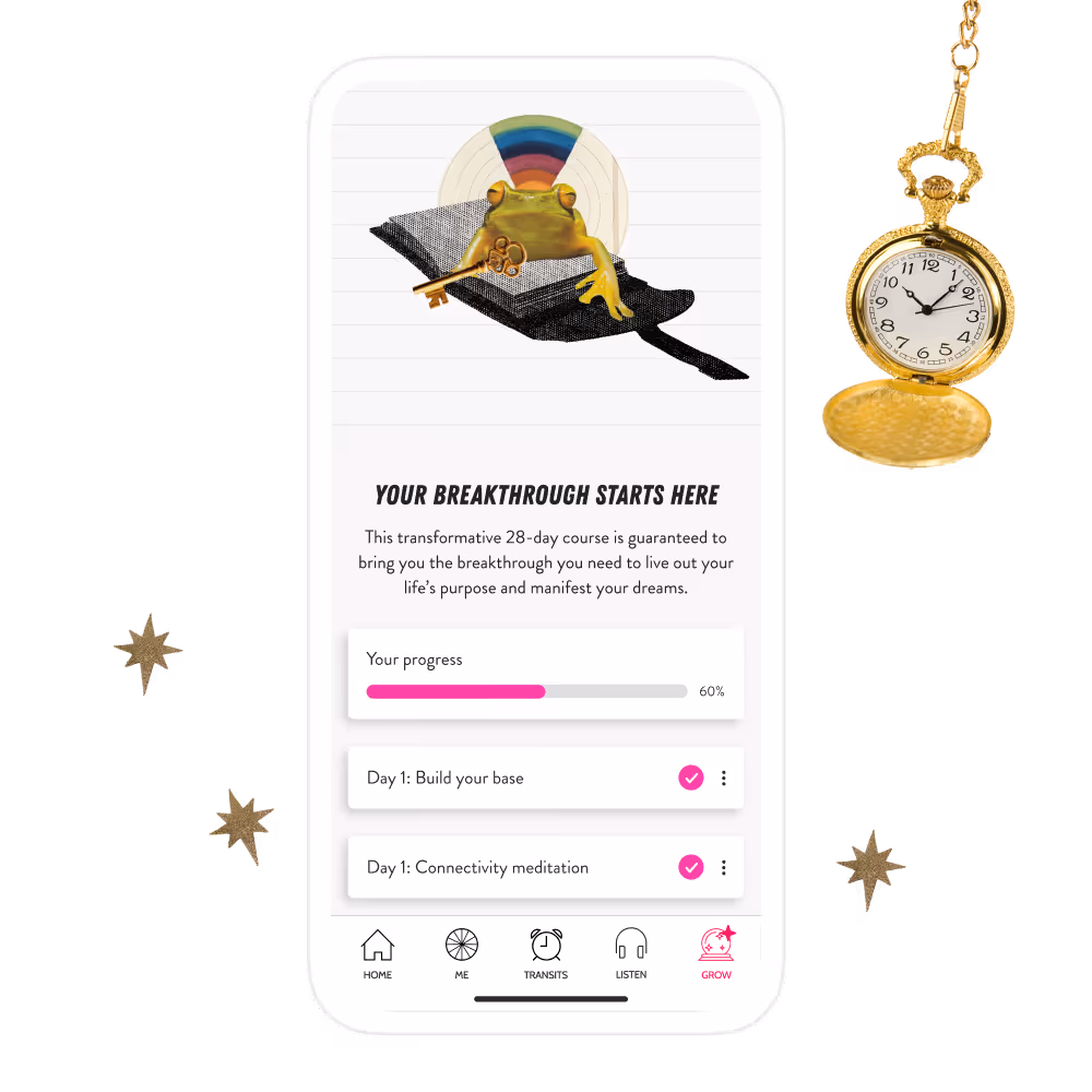 The Grow Tab in the CHANI app showing the Breakthrough Course progress bar, lessons, and meditations.